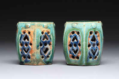 A pair of Chinese turquoise-glazed Buddhist lions, a pair of green-glazed parrots and a pair of miniature garden seats, 19/20th C.