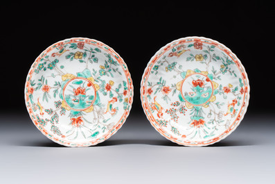 A pair of Chinese famille verte cups and saucers with floral design, Jade 玉 marks, 19th C.