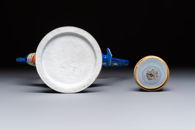 A Chinese Canton blue-ground enamel ewer and cover with floral design, 19th C.