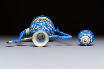 A Chinese Canton blue-ground enamel ewer and cover with floral design, 19th C.