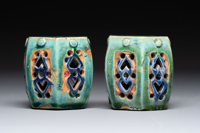 A pair of Chinese turquoise-glazed Buddhist lions, a pair of green-glazed parrots and a pair of miniature garden seats, 19/20th C.