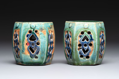A pair of Chinese turquoise-glazed Buddhist lions, a pair of green-glazed parrots and a pair of miniature garden seats, 19/20th C.