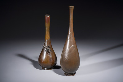 A Japanese bronze 'Koi' vase and a 'Cricket' vase, 19/20th C.