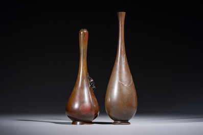 A Japanese bronze 'Koi' vase and a 'Cricket' vase, 19/20th C.