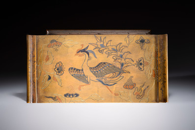 A fine Japanese bronze silver-, gold- and copper-inlaid miniature shodana cabinet, Meiji, 19th C.