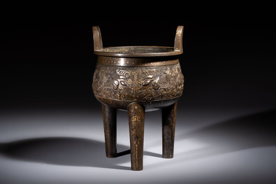 A rare Chinese gold- and silver-inlaid bronze 'Ding' censer with Taotie design on a hongmu stand, Shaosheng 紹聖 and Su Zhe 蘇轍 mark, Song or later