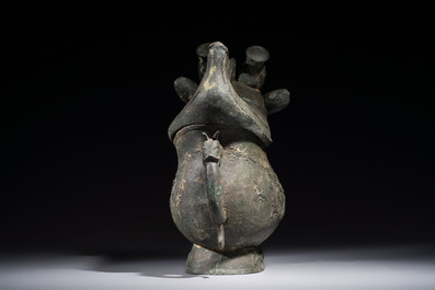 A rare and large Chinese archaistic bronze pouring vessel and cover, Gong 觥, Qing