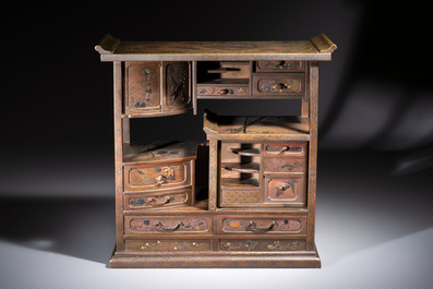 A fine Japanese bronze silver-, gold- and copper-inlaid miniature shodana cabinet, Meiji, 19th C.