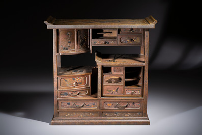 A fine Japanese bronze silver-, gold- and copper-inlaid miniature shodana cabinet, Meiji, 19th C.