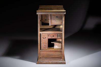 A fine Japanese bronze silver-, gold- and copper-inlaid miniature shodana cabinet, Meiji, 19th C.