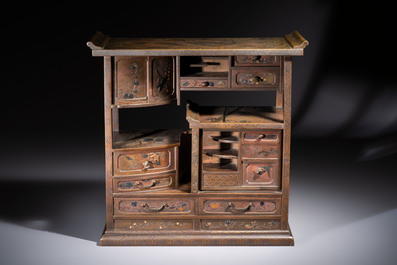 A fine Japanese bronze silver-, gold- and copper-inlaid miniature shodana cabinet, Meiji, 19th C.