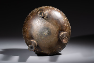 A rare Chinese gold- and silver-inlaid bronze 'Ding' censer with Taotie design on a hongmu stand, Shaosheng 紹聖 and Su Zhe 蘇轍 mark, Song or later