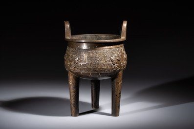 A rare Chinese gold- and silver-inlaid bronze 'Ding' censer with Taotie design on a hongmu stand, Shaosheng 紹聖 and Su Zhe 蘇轍 mark, Song or later