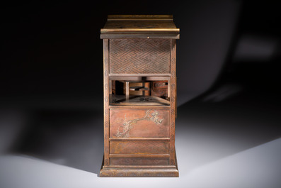 A fine Japanese bronze silver-, gold- and copper-inlaid miniature shodana cabinet, Meiji, 19th C.