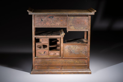 A fine Japanese bronze silver-, gold- and copper-inlaid miniature shodana cabinet, Meiji, 19th C.
