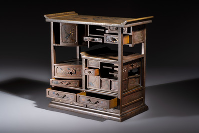 A fine Japanese bronze silver-, gold- and copper-inlaid miniature shodana cabinet, Meiji, 19th C.