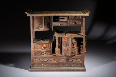 A fine Japanese bronze silver-, gold- and copper-inlaid miniature shodana cabinet, Meiji, 19th C.
