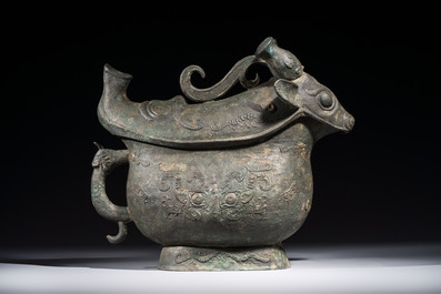 A rare and large Chinese archaistic bronze pouring vessel and cover, Gong 觥, Qing