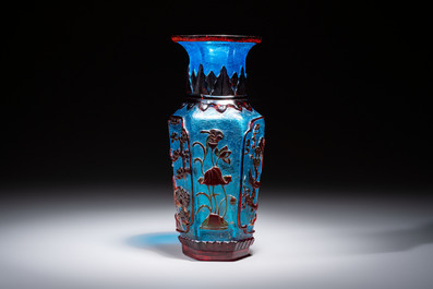 A Chinese red-overlay blue glass 'Cranes' hexagonal vase, Qianlong mark and of the period