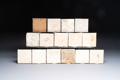 A varied collection of 15 polychrome, blue, white and manganese Dutch Delft tiles, 17/19th C.
