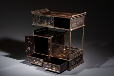 A fine Japanese silver-mounted, mother-of-pearl-inlaid, gilt black-lacquer miniature shodana cabinet, Meiji, 19th C.