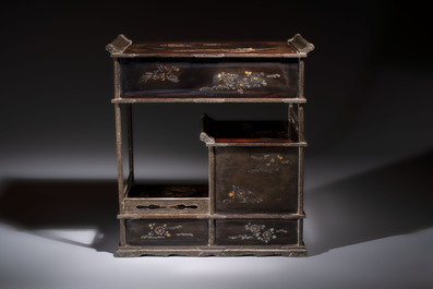 A fine Japanese silver-mounted, mother-of-pearl-inlaid, gilt black-lacquer miniature shodana cabinet, Meiji, 19th C.