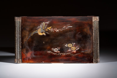 A fine Japanese silver-mounted, mother-of-pearl-inlaid, gilt black-lacquer miniature shodana cabinet, Meiji, 19th C.