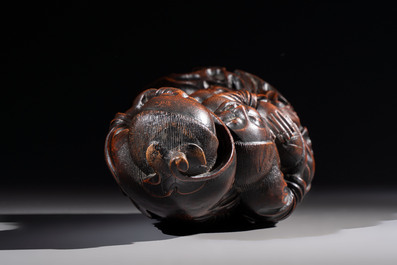 A large Chinese carved bamboo 'Hehe Erxian' group, 18th C.