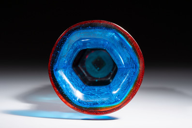 A Chinese red-overlay blue glass 'Cranes' hexagonal vase, Qianlong mark and of the period