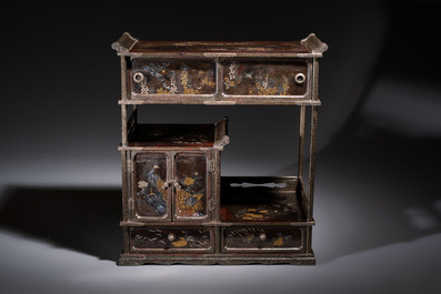 A fine Japanese silver-mounted, mother-of-pearl-inlaid, gilt black-lacquer miniature shodana cabinet, Meiji, 19th C.