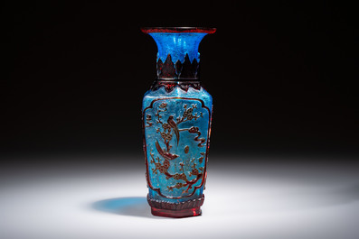 A Chinese red-overlay blue glass 'Cranes' hexagonal vase, Qianlong mark and of the period