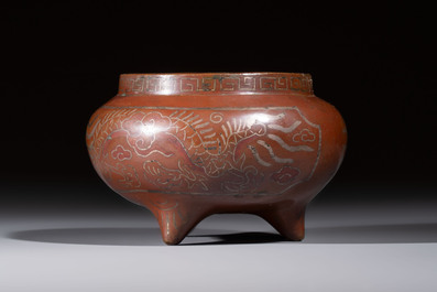 A Chinese or Vietnamese silver-inlaid bronze 'Fu Lu Shou' tripod censer,  Xuande mark, 19th C.