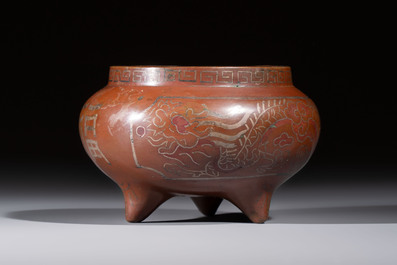 A Chinese or Vietnamese silver-inlaid bronze 'Fu Lu Shou' tripod censer,  Xuande mark, 19th C.