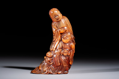 A Chinese carved buffalo horn 'Hehe Erxian' group, 17/18th C.