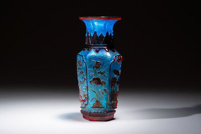 A Chinese red-overlay blue glass 'Cranes' hexagonal vase, Qianlong mark and of the period