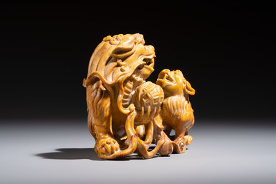 A fine Chinese soapstone group of Buddhist lions on wooden stand, 19th C.