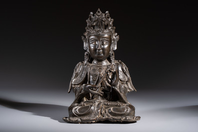 A fine Chinese bronze figure of Bodhisattva holding a ruyi, Ming