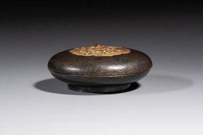 A fine Chinese parcel-gilt bronze 'Bird Among Blossoming Plum Branches' box and cover, 18th C.