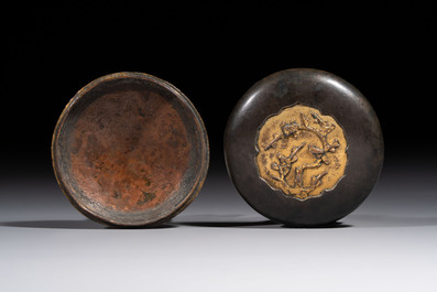 A fine Chinese parcel-gilt bronze 'Bird Among Blossoming Plum Branches' box and cover, 18th C.