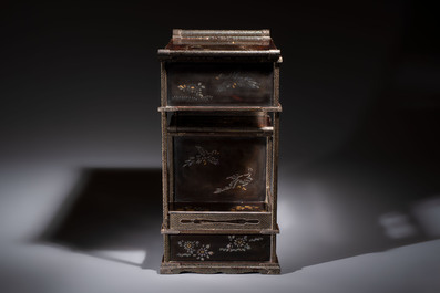 A fine Japanese silver-mounted, mother-of-pearl-inlaid, gilt black-lacquer miniature shodana cabinet, Meiji, 19th C.