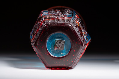 A Chinese red-overlay blue glass 'Cranes' hexagonal vase, Qianlong mark and of the period