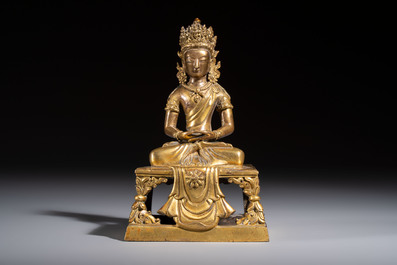 A Sino-Tibetan gilt-bronze figure of Buddha Amitayus, inscribed, Qianlong