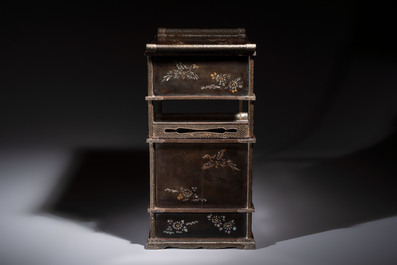 A fine Japanese silver-mounted, mother-of-pearl-inlaid, gilt black-lacquer miniature shodana cabinet, Meiji, 19th C.