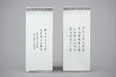 A pair of square Chinese famille rose vases with flowers, 20th C.
