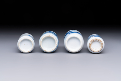 Four Chinese blue and white snuff bottles, 19th C.