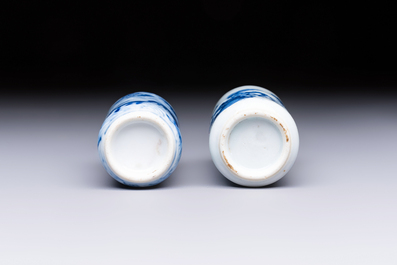 A Chinese blue and white 'Mythical Animals' snuff bottle and a 'Buddhist Lions' snuff bottle, 19th C.
