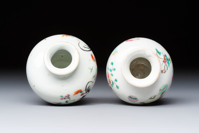 A Chinese green crackle-glazed vase on wooden stand and two famille rose 'Roosters' and 'Antiquities' water pots, 19th C.