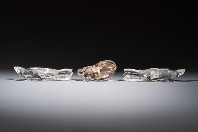Three Chinese rock crystal sculptures on wooden stands, Republic