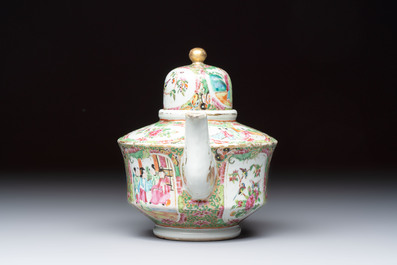 A Chinese Canton famille rose covered bottle vase and a teapot, 19th C.