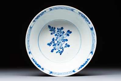A Chinese blue and white vase with handles and a bowl, Kangxi mark, Kangxi and later